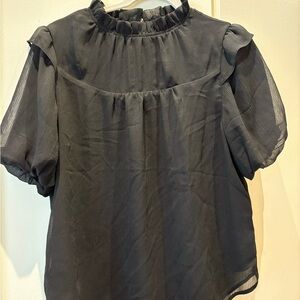 LOFT Black Puff Sleeve Ruffled Blouse